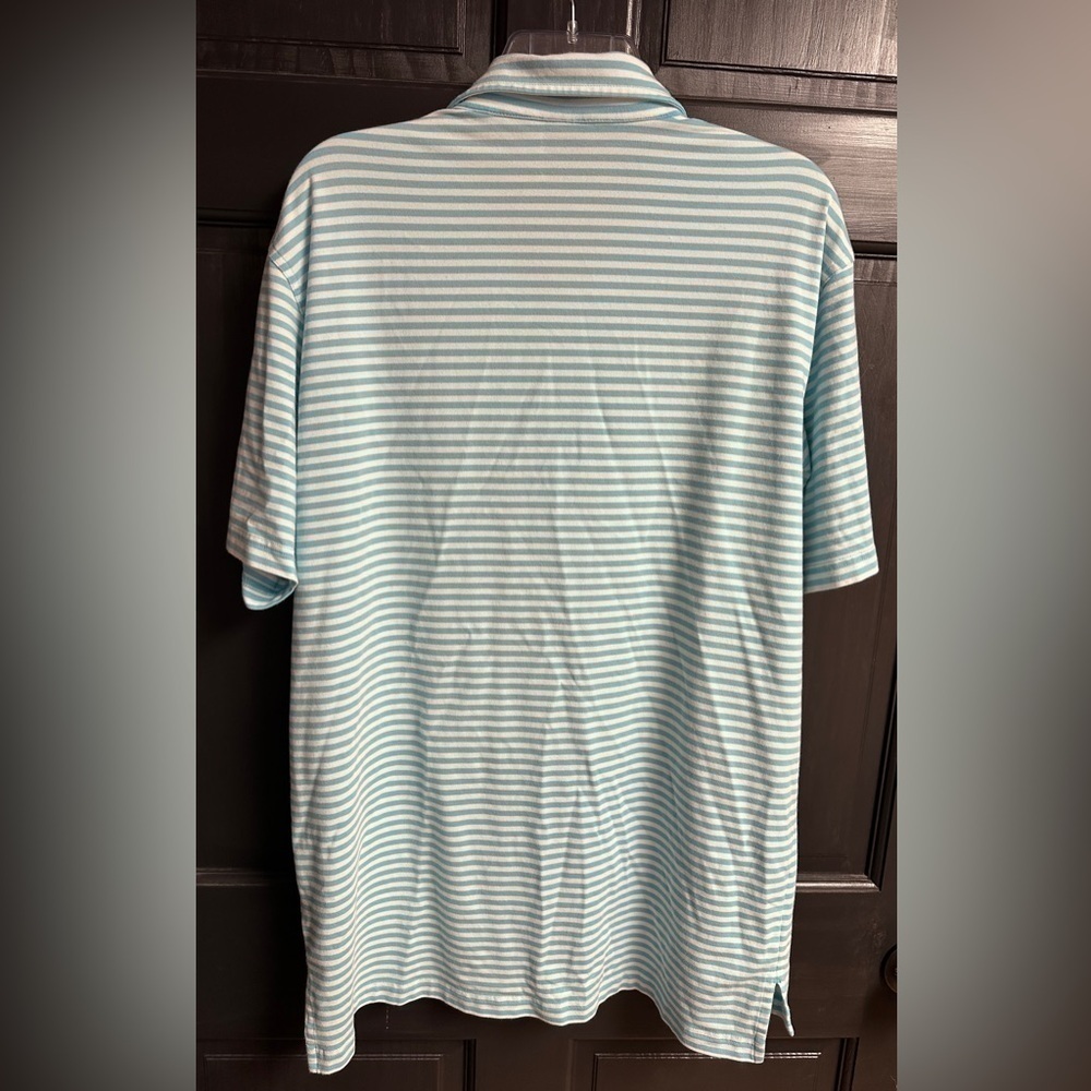 Dunning Golf Men’s Size Large Polo Short Sleeve Medium Blue & White Thin Stripe - Picture 2 of 9